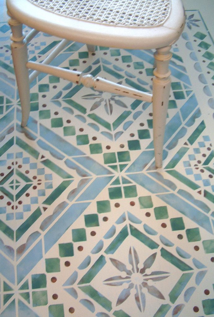 Traditionally styled Mediterranean design
Large 1 sheet stencil
Create the look of a real tiled floor or wall with the Large Mediterranean Floor Stencil which captures the stylish, simple geometric patterns of original ceramic Mediterranean tiles. Ideal for floors and walls in hallways, dining areas, bathrooms and conservatories. Beautiful in light airy greens and blues for a taste of Provence or in bold, sunny primary colours or rustic earthy tones for a classic Spanish or Portuguese look.

The Large Mediterranean Stencil is very useful if you are stencilling large areas. See size and layout specifications below and illustration of one complete repeat of this stencil, which covers an area of approximately 57cm (22 1/2