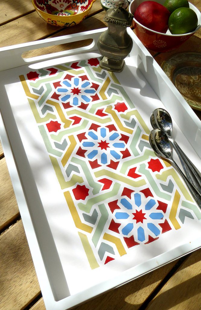 Geometric border stencil
For walls, floors, fabrics and more
1 sheet stencil
The Classic Moroccan Border Stencil is a fantastic new geometric border design inspired by the tiles and ceramics of Morocco and North Africa. The classic interlocking and overlapping lines around the eight pointed star and floral motifs look brilliant stencilled in neutral tones or brightly coloured hues. Use to add accents of pattern around the home or on accessories or as a classic border on walls and floors. One sheet stencil with useful registration dots for easy repeat alignment. See size and layout specifications below.