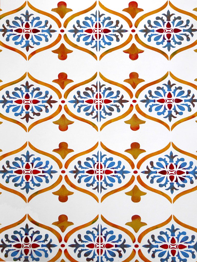 Bold ornamental classic border stencil
1 sheet stencil - for walls and floors
Inspired by Moroccan tiles the Moroccan Ornamental Border Stencil is a simple bold classical border design. The combination of simple curves and ornate arabesque motifs make for a charming and adaptable border design. One sheet stencil with useful registration dots for easy repeat alignment. See size and layout specifications below.