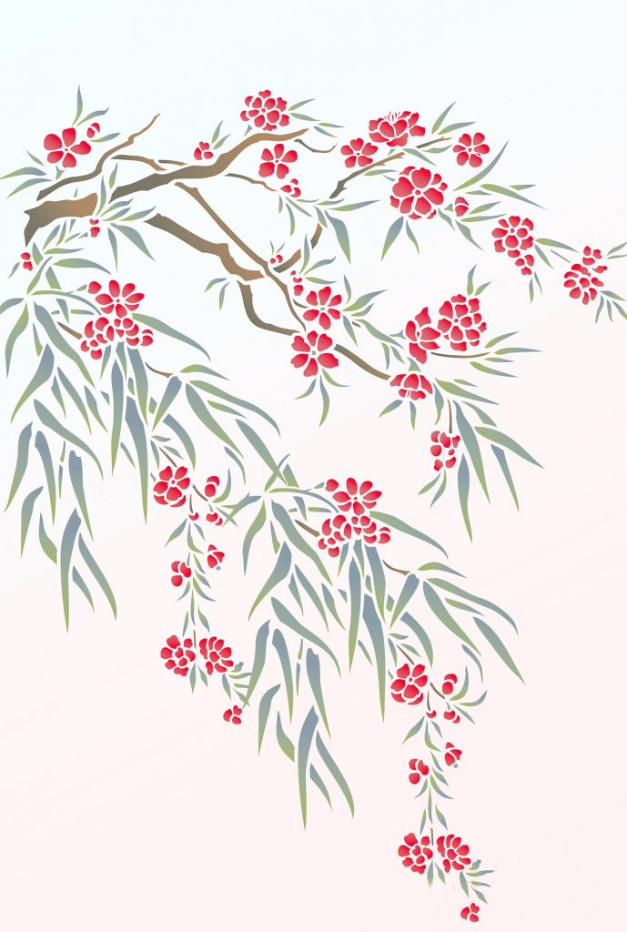 Large oleander blossom branch
2 sheet stencil
The Oleander Flower Blossom Stencil is a beautiful blossom branch stencil of elegant oleander flowers and long tapering willow-like leaves that will add the perfect touch of designer elegance to any room. Use on fabrics and walls in a range of soft pastel tones, bright unexpected colours and single silhouette style blocks of colour on different coloured backgrounds. See layout and size specifications below.