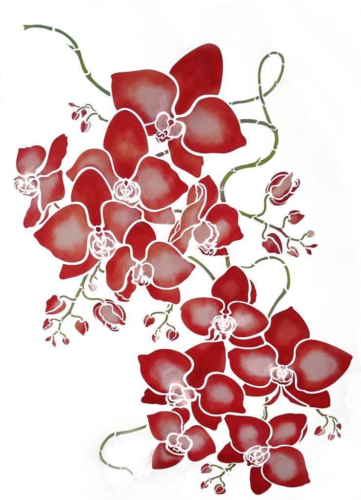 Large flowering Moth Orchid
Stencil Theme Pack.
2 sheet stencil
The Large Orchid Flowers Stencil features two sprays of large clustered blooms of the Phalaenopsis Moth Orchid. Henny's Orchid 'portraits' inspired by her profusely flowering indoor orchids make fantastically beautiful stencils and will add a touch of elegance to any room - a modern take on a historically favourite flower. Use on linens, furniture and feature walls stencilled in natural orchid colours or as silhouette designs on contrasting background colours.

The versatile Large Orchid Flowers Stencil comprises two sheets of large petal orchids arranged in two sprays of flowers, additional stem details and inner flower markings. Use the motifs individually or clustered together. For sizes and sheet layouts see Specifications below.