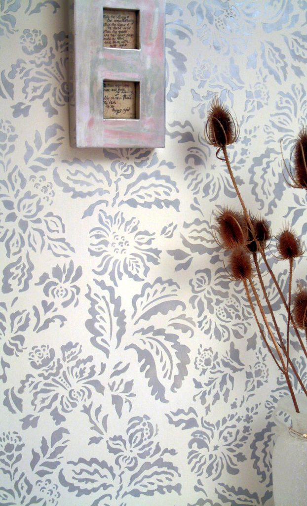 All-over floral damask style repeat pattern stencil
1 large sheet
Use the Oversize Damask Repeat Stencil to achieve the look of your own hand painted wallpaper, a cool contemporary rendition of a classic theme! This easy to use Oversize Damask Stencil on just one large sheet, has a simple bold quality and lace-like effect.  Very beautiful and stylish. Traditional damask designs came into English decorating fashion in the 18th century in wallpapers and fabrics and today look stunning stencilled in both bold and subtle colour schemes.

Stencil the Oversize Damask Repeat Stencil in Metallic Stencil Paint on matt walls to create a lustrous shimmering damask effect. Or use tone-on-tone colour schemes - try using Acrylic Eggshell Varnish stencilled onto really matt wall surfaces for a subtle finish. Or stencil in the same colour, just lightenend by one tone for a modern interpretation of a classic.