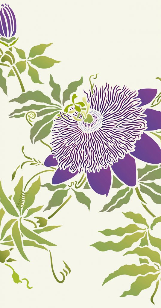 Oversize Flower and Vine Stencil
3 sheet stencil
Create impressive wall effects with the Oversize Passion Flower Stencil. Based on the beautiful, captivating Purple Passion Flower (Passiflora Incarnata) with its striking stamens, long flowing tendrils and shapely vine leaves, the Oversize Passion Flower Stencil comes as a three sheet stencil, to create a range of stunning stencil features.

This three sheet pack comprises one large sheet of the main flower design, an impressive up-scaled complexly detailed flower head with surrounding vine leaves, and two additional sheets containing flower buds and vine leaves. The different motifs can be used together in many ways to create the 'organic' effect of the flowering vine.  For stencil sizes and stencil sheet layouts see Specifications below.