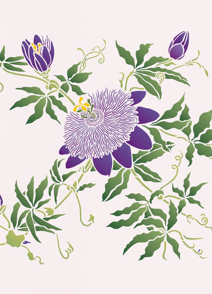Beautifully detailed passion flower and vine stencil
Large 1 sheet stencil
The Passion Flower Stencil is based on the beautiful and captivating Purple Passion Flower (Passiflora Incarnata) with its striking stamens, long flowing tendrils and shapely vine leaves. This beautiful, delicate large single motif stencil is ideal for statement decorating and adding elegant botanical features to all sorts of living spaces on walls and fabrics. Large single sheet stencil with additional tendril and leaf motif for extending main design - see size and layout Specifications below.