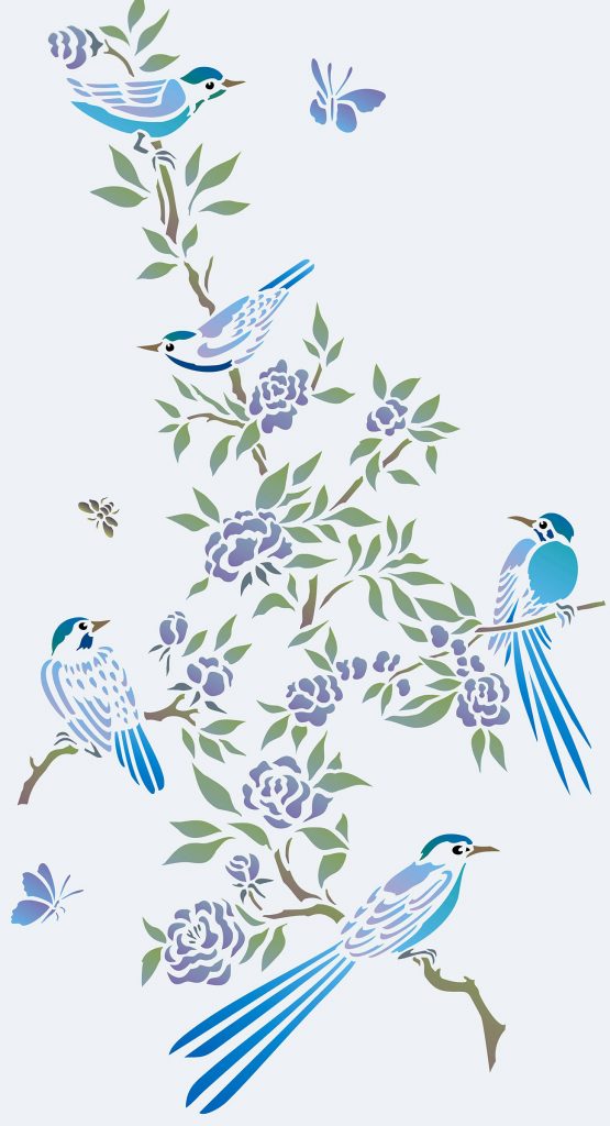 Charming small chinoiserie style birds and blossom flowers
2 sheet stencil
The Birds and Blossom Stencil is a two sheet stencil with five delicate little birds shown nestling on flowering branches and twigs. Ideal for stencilling on fabrics, clothing, cushions, cards and as chinoiserie motifs on walls, furniture and accessories. See layout and size specifications below.

The beautiful birds and flowers in this 2 sheet stencil, are taken from our full scale chinoiserie stencils and can be used individually or together in different arrangements and with our other Chinoiserie Stencils.