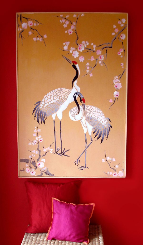 Red Capped Asian Cranes Stencil
Large 2 sheet stencil
The Large Standing Cranes Stencil comprises two elegant Red Capped East Asian Cranes. These special birds are held in high regard throughout China, Japan and across the Himalayas, where they are perceived to bring luck and good fortune and treated as sacred birds. Their large graceful body shapes and postures make extremely elegant design motifs for walls, murals, panels, wardrobes, fabrics and more.

Stencil in the natural tones of white, grey, red and black or in silhouette colours on striking backgrounds for beauty and impact, or on classic gold for truly classic style. Two sheet, two bird single layer stencil See layout and size specifications below.