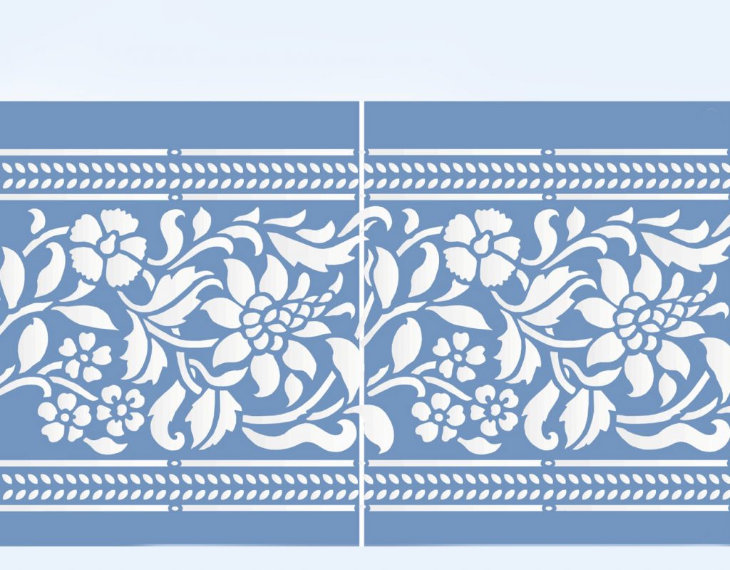 Classic Italian style border design
1 sheet stencil
The Tuscan Border Stencil is based on a design taken from antique Tuscan ceramic tiles, which gives an authentic Italian style with a simplicity of rhythm when repeated as a border.  The pattern also has eastern flavours.

Stencil with warm earthy tones to create a soft frieze of colour and pattern, or use blues, greys or greens for a cooler, elegant look. Or stencil in white or pale greys on solid bands of painted colour to create a tile effect border - as below.
