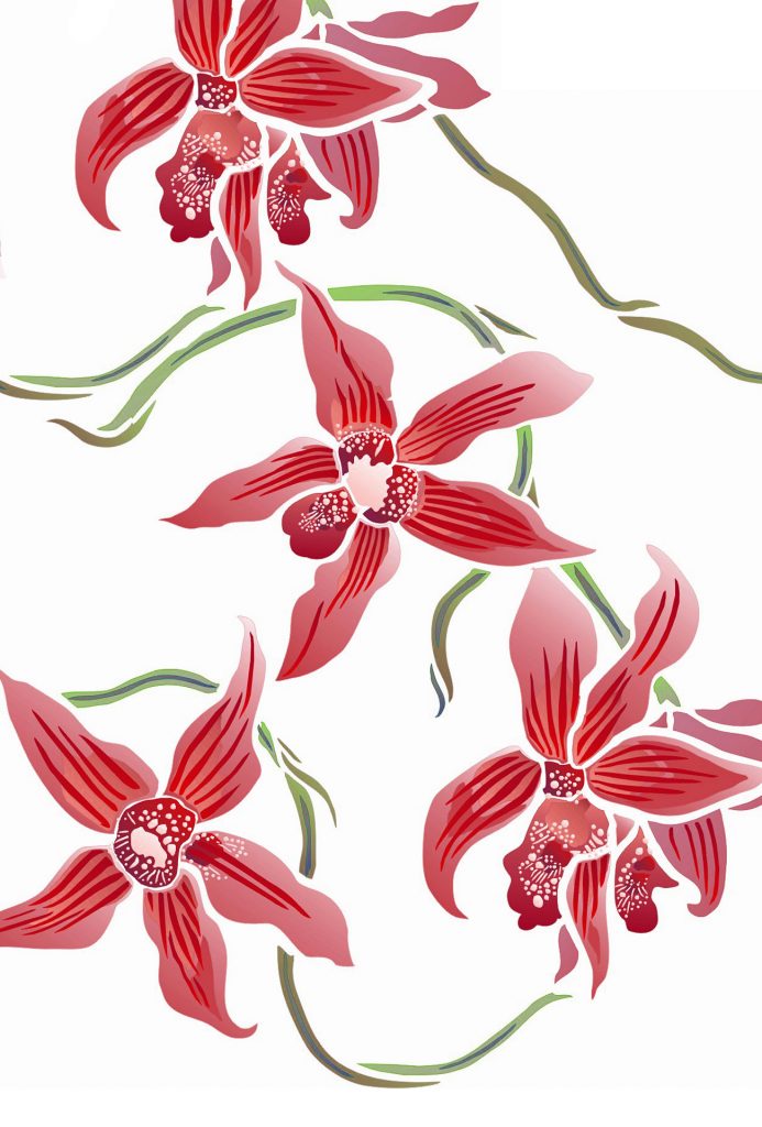 Large flower wall stencil
3 sheet detailed overlay stencil
The beautiful Wild Orchid Stencil, inspired by wild Madagascan orchids, perfectly captures the form and movement of orchids growing in the wild, with its beautiful orchid blooms and intricately detailed markings. Perfect for inspired stencilling on walls and fabrics. The Wild Orchids Stencil is a three layer, three sheet stencil with registration dots making alignment of each layer very easy. See size Specifications below.