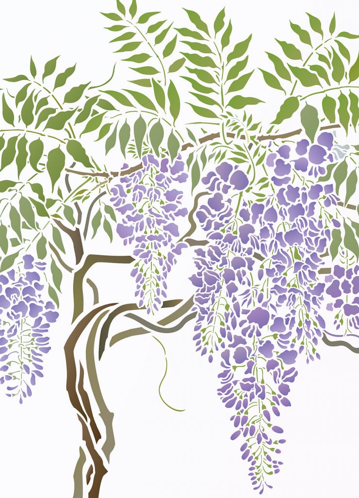 Deluxe wisteria blossom stencil
Detailed 2 sheet stencil
The early summer flowering wisteria with its prolific, falling blossom and elegantly stylish leaves is a design classic. Here Henny has lovingly captured the detail of the many bloomed flower bunches, the tapering and entwining leaf groups and woody twisted stems and branches to create a truly classic stencil design.