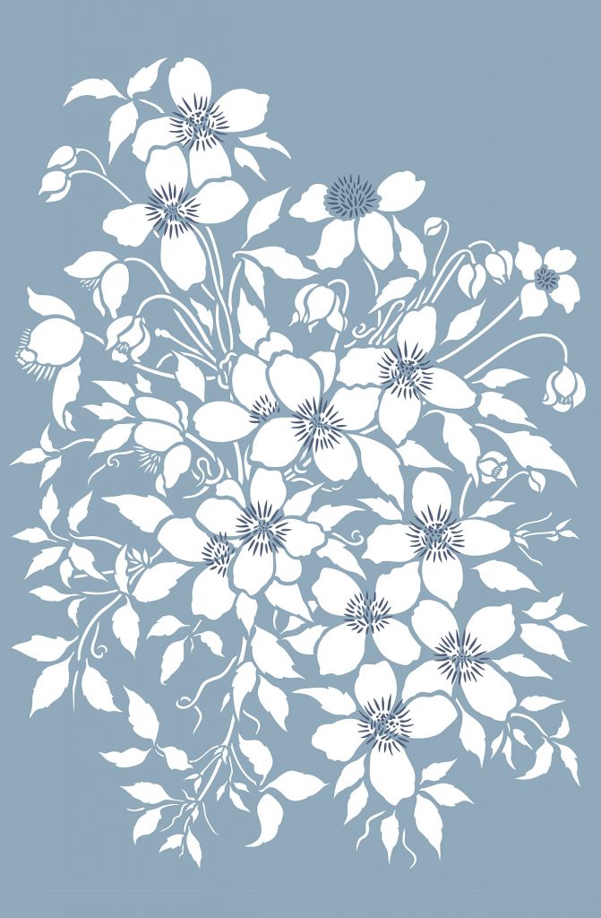 Made to Order Stencil
Beautiful large clematis flower frieze
One sheet stencil
This stencil is a made to order item only available through pre-order. To pre-order this stencil pay and order online as usual. We will then cut the stencil for you in our next stock cut and despatch to you as soon as your order is ready.  This process can take up to 28 days. Order confirmation will be emailed to you on receipt of order payment and despatch confirmation will be emailed when your stencil is ready. Please be aware Made to Order stencils are non returnable.

The Montana Clematis Flower Motif Stencil depicts a full cluster of beautiful Montana Clematis flowers, buds and trailing leaves - arranged as a delicate but large frieze - ideal for stencilling on panels, on feature walls, in alcoves, above beds and anywhere where you want to create a stunning feature. Also amazing stencilled onto fabric for big pattern effects. One large sheet stencil - see size and layout specifications below.