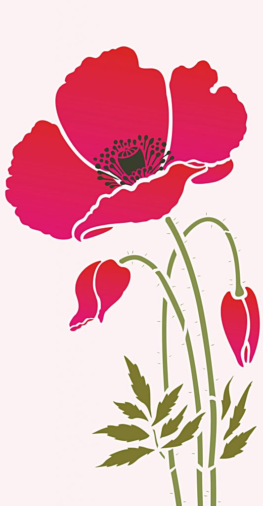 Made to Order Stencil
One supersize poppy motif
1 sheet stencil
This stencil is a made to order item only available through pre-order. To pre-order this stencil pay and order online as usual. We will then cut the stencil for you in our next stock cut and despatch to you as soon as your order is ready. This process can take up to 28 days. Order confirmation will be emailed to you on receipt of order payment and despatch confirmation will be emailed when your stencil is ready. Please be aware Made to Order stencils are non returnable.

Giant Poppy Flower Stencil 2 is a supersize graceful wild poppy motif, with its soft full blown flower, bud, leaves, seed pods and intricate stamen. This stencil also has additional stalk and leaf motifs for extending the height of the poppy flower. See size specifications below.