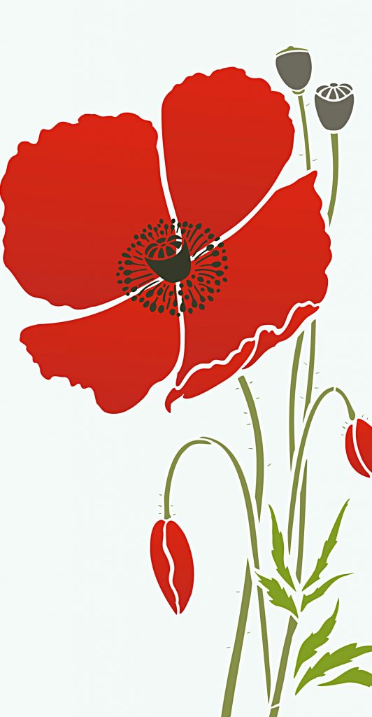 Made to Order Stencil
One supersize poppy motif
1 sheet stencil
This stencil is a made to order item only available through pre-order. To pre-order this stencil pay and order online as usual. We will then cut the stencil for you in our next stock cut and despatch to you as soon as your order is ready. This process can take up to 28 days. Order confirmation will be emailed to you on receipt of order payment and despatch confirmation will be emailed when your stencil is ready. Please be aware Made to Order stencils are non returnable.

Giant Poppy Flower Stencil 3 is a supersize graceful wild poppy motif, with its soft full blown flower, bud, leaves, seed pods and intricate stamen. This stencil also has additional stalk and leaf motifs for extending the height of the poppy flower. See size specifications below.