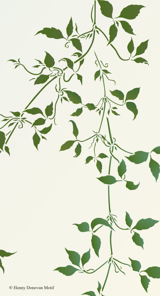 Detailed montana clematis trailing leaf stencil
2 sheet large stencil
Large Trailing Clematis Leaves Stencil 3 is based on closely observed and beautifully drawn Montana Clematis leaves - also known as the Himalayan Clematis. These delicate, verdant trailing leaves are perfect for up-to-the minute leaf stencil designs - fantastic for creating beautiful effects with an elegant contemporary feel.

The Large Trailing Clematis Leaves Stencil 3 is a two sheet design containing three delicate strands of this climber, which can be used individually or grouped together in different hanging and trailing arrangements - some examples are shown on this page. See size and layout specifications below.
