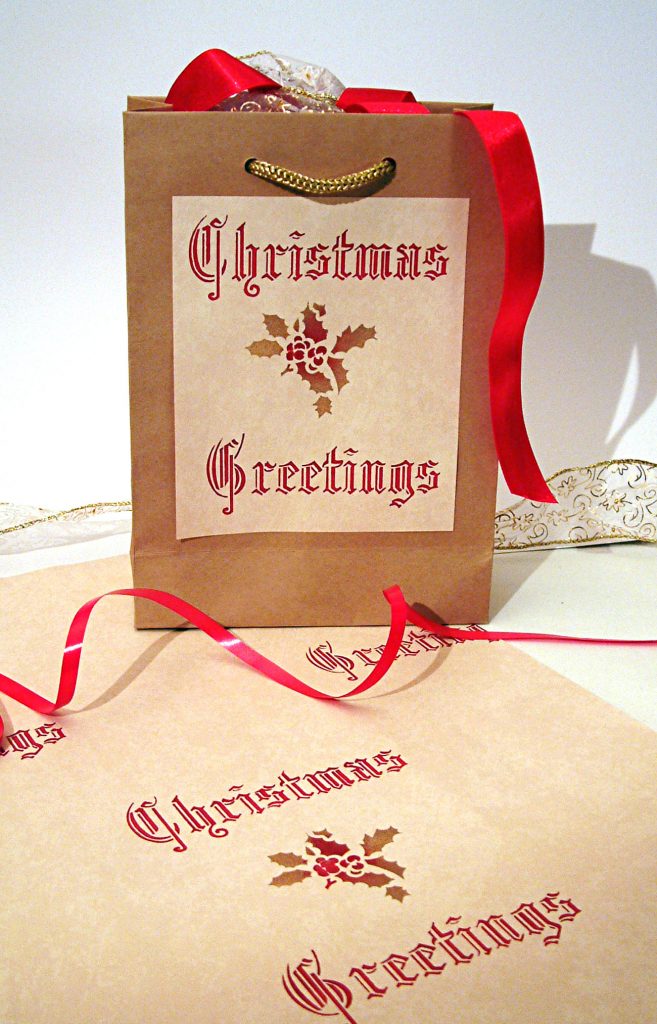 Traditional calligraphy style stencil
Small 1 sheet stencil
The Christmas Greetings Stencil is a versatile stencil for Christmas decorating projects. Use on its own to decorate a host of different festive items such as wrapping paper, Christmas cards and paper napkins, or use in conjunction with the other Motif Christmas Stencils to add a greetings message to pictorial decorations. Also see our Christmas Calligraphy Stencil, for different lettering styles.

Try the Motif range of Metallic and Glitter Stencil Paints to add extra sparkle and lustre to your festive creations!
