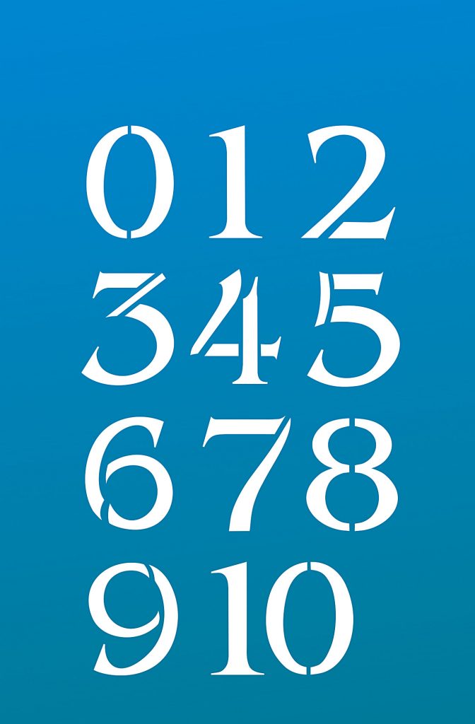 6 sheet number stencil
The Large Numbers Theme Pack Stencil is a simple stencil design of oversize, bold numbers - very much in demand for today's interior design. Ideal indoors and outdoors and very useful for organisation and administrative notation!

The Large Numbers Theme Pack Stencil comprises numbers 1 to 10, with an extra zero, in a simple clear style designed to lend itslef to both contemporary and classic settings. The numbers are each 14cm (5 1/2