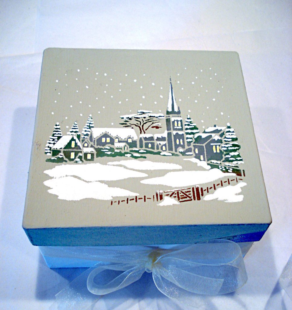 Beautiful winter snowy village scene
Small detailed 2 layer stencil perfect for cards
The Little Snowy Scene Stencil - depicts a tiny village scene in winter snow, with miniature houses, church and snow laden trees - the perfect Christmas stencil! Ideal for creating gift cards and gift boxes. The Little Snowy Scene Stencil comes with helpful registrations dots for aligning both layers.  See size specifications below. See our larger version of this design the new Snowy Scene Stencil.