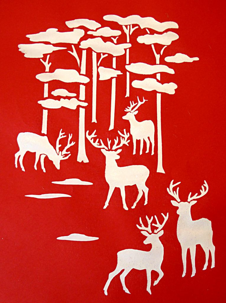 Small wild stags and tree stencil
1 sheet stencil
The Little Woodland Stags Stencil depicts five little stag silhouettes emerging into a forest glade. The perfect stencil for seasonal greetings cards, gift tags, wrapping and gift bags. One sheet small detailed stencil - see stencil layout and size specifications below. See Large Wild Stag details below.