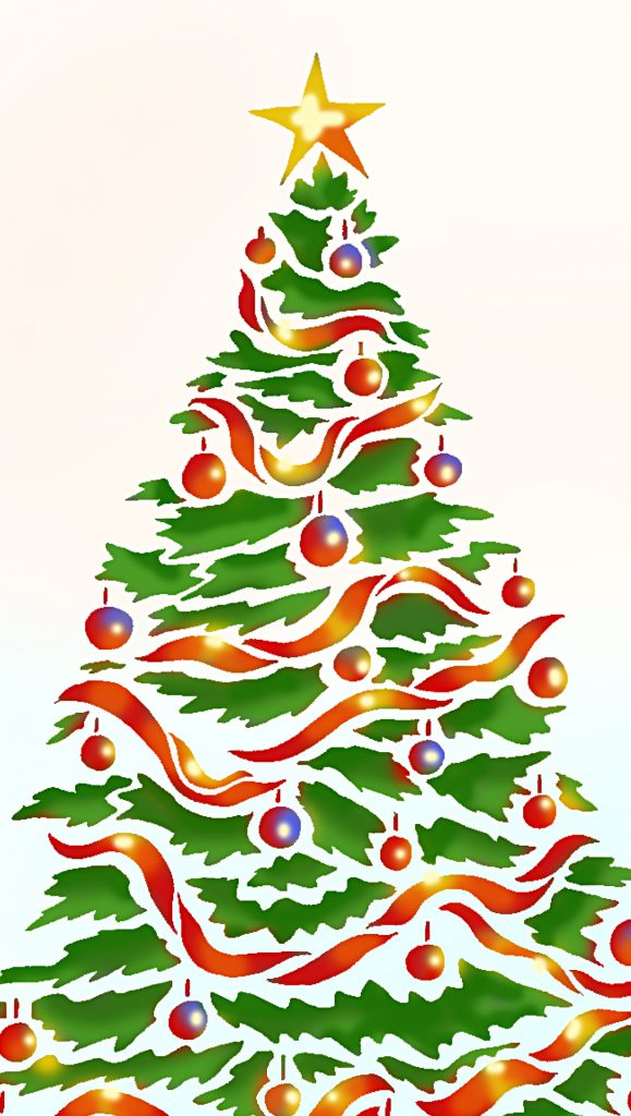 Impressive large Christmas Tree Stencil
© Henny Donovan Motif
1 sheet large stencil
The Oversize Christmas Tree Stencil is ideal for creating Christmas wall decorations with a little impact or for large table cloths or for brilliant frosted window and mirror displays.

This stencil works well in both pale colours on darker bases, such as Ice White, Pearl and Silver Lights with Rainbow Glitter Paint highlights, or in icy pastel shades on lighter backgrounds for a wintery feel. Or try stencilling with Antique Gold metallic stencil paint with Gold Stardust highlights and Very Berry Stencil Paint ball-balls for a festive look.