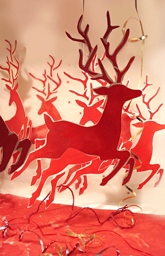 Two beautiful leaping, flying reindeer
Large 2 sheet stencil
The Large Reindeer Stencil is fantastic for classy festive decorating, creating large mobiles, frosted window features and special wintry scenes. The two different large leaping reindeer motifs can be tilted and rotated to different angles to create the feeling of movement and to bring out the different characteristics of these graceful creatures, so they can appear to be running, jumping up or flying - as demonstrated in our illustrations here! This stencil makes a beautiful gift for someone special.

This easy to use stencil is on two sheets with two different reindeer motifs and additional stars surrounding each reindeer.  See size specifications below.  For smaller version of this design see the Little Reindeer Stencil.