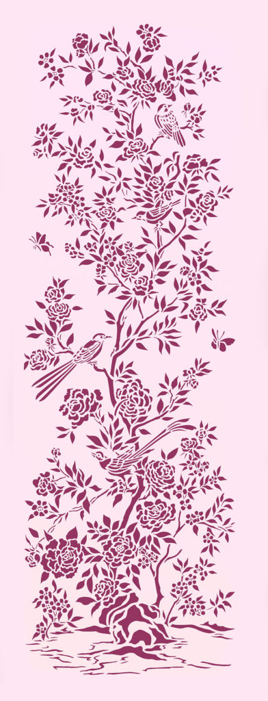 Detailed chinoiserie stencil design
1 sheet stencil
Small Chinoiserie Stencil 1 is based on classic 18th century hand painted silks and wallpapers - depicting trees, exotic birds, bugs, blossom and flowers. Hand painted furniture, chinoiserie panels and wallpaper are only available today at high prices - use this stencil to create your own hand painted effects at just a fraction of the cost. The Small Chinoiserie Stencil is ideal for wall panels, small curtains, for cabinet and cupboard doors or for decorative pictures.

Small Chinoiserie Stencil 1 is a beautifully detailed, high quality stencil. The Small Chinoiserie Stencil 1 is a smaller version of the large Chinoiserie Stencil 1. One sheet stencil - see size and layout specifications below.
