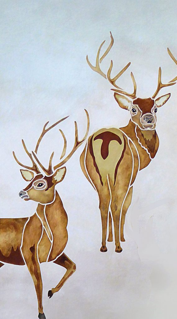 Two beautifully detailed stag stencils
3 layer on 2 large stencil sheets
The beautiful Large Wild Stags Stencil 2 & 3 depicts two elegant wild stags and perfectly captures the stags majesty and regal stance. This stencil is perfect for creating impressive woodland murals, or in-vogue stag interiors and cushion covers - hunters lodge style - and of course for seasonal decorating themes. The Large Wild Stags Stencil 2 & 3 comes as a two sheet stencil with two main layers and layer three face details. See stencil layout and size specifications below. See more stag stencils details below.
