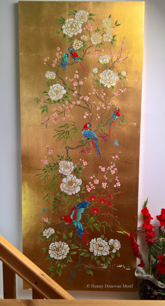 NEW! Stunning Chinoiserie Stencil
Magical chinoiserie stencil with Parrots, Peonies, Roses, Blossom and more...
The Parrot & Peony Chinoiserie Panel Stencil gives the innovative stenciller a fantastic opportunity to create uniquely detailed and ravishing chinoiserie wall panels, with a genuine hand painted effect! This is exciting artwork for walls and fabric, full of beautiful motifs of macaw parrots, cockatoo and parakeets sitting amongst profusely flowering branches of oriental tree peonies and blossom sprays, with flourishes of orchid, bamboo and fuchsia, with dragonfly and butterfly!  All magically woven into this beautiful panel stencil.

The stencil comes on two easy to register large detailed sheets, with a third sheet of details and extra motifs. See size and layout specifications below. Comes with full step by step instructions.  See the Parrot and Peony Chinoiserie All-Over Repeat Stencil version of this stencil design.