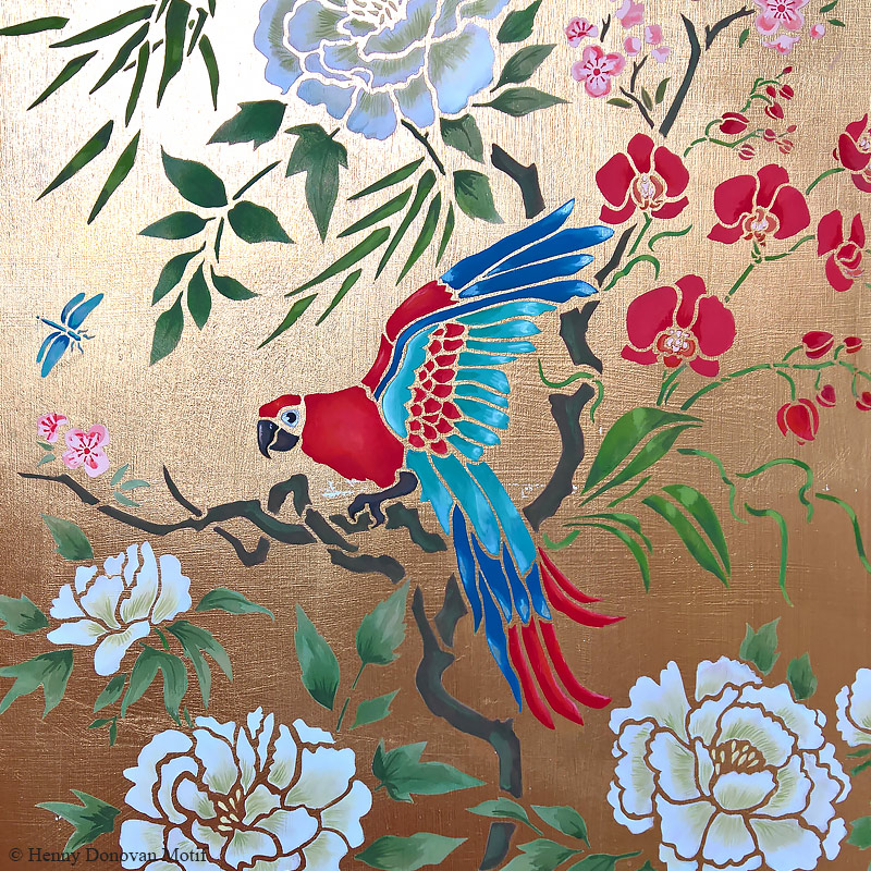 Wonderful alighting Parrot on gold Greetings Card
Five square cards and envelopes.
High Quality 151m x 151mm Greetings Cards.

The full image of the flamboyant Parrot on gold board can be seen on our latest Peony Chinoiserie Panel Stencil.

Card blank inside for your own special message.