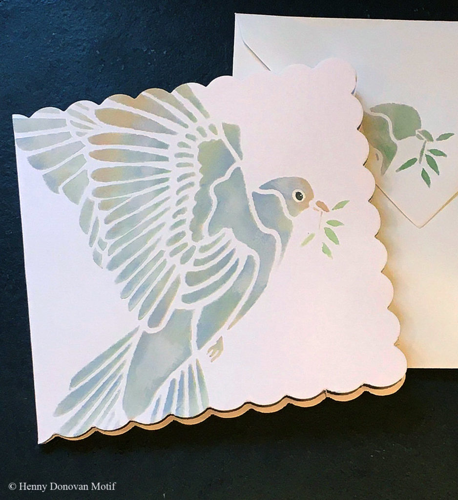 NEW! Peace Dove Stencil
Graceful dove in flight holding the gift of peace.
The Peace Dove Stencil depicts a peaceful dove in flight, gliding through the air carrying a tiny olive branch, a symbol of hope, perfect for these times! The detailed wings give a great feeling of flight and the light this bird brings. This design has a graceful simplicity and is wonderfully versatile. Try stencilling the Peace Dove Stencil on bed linens, curtains and cushions, as well as small cupboard doors and other small home accessories. Also beautiful on mirror glass and on windows at the festive time of year. This delightful small stencil is also perfect for decorating children's clothing and for making your own perfect greeting cards.

Small single sheet stencil- see size and layout specifications below.