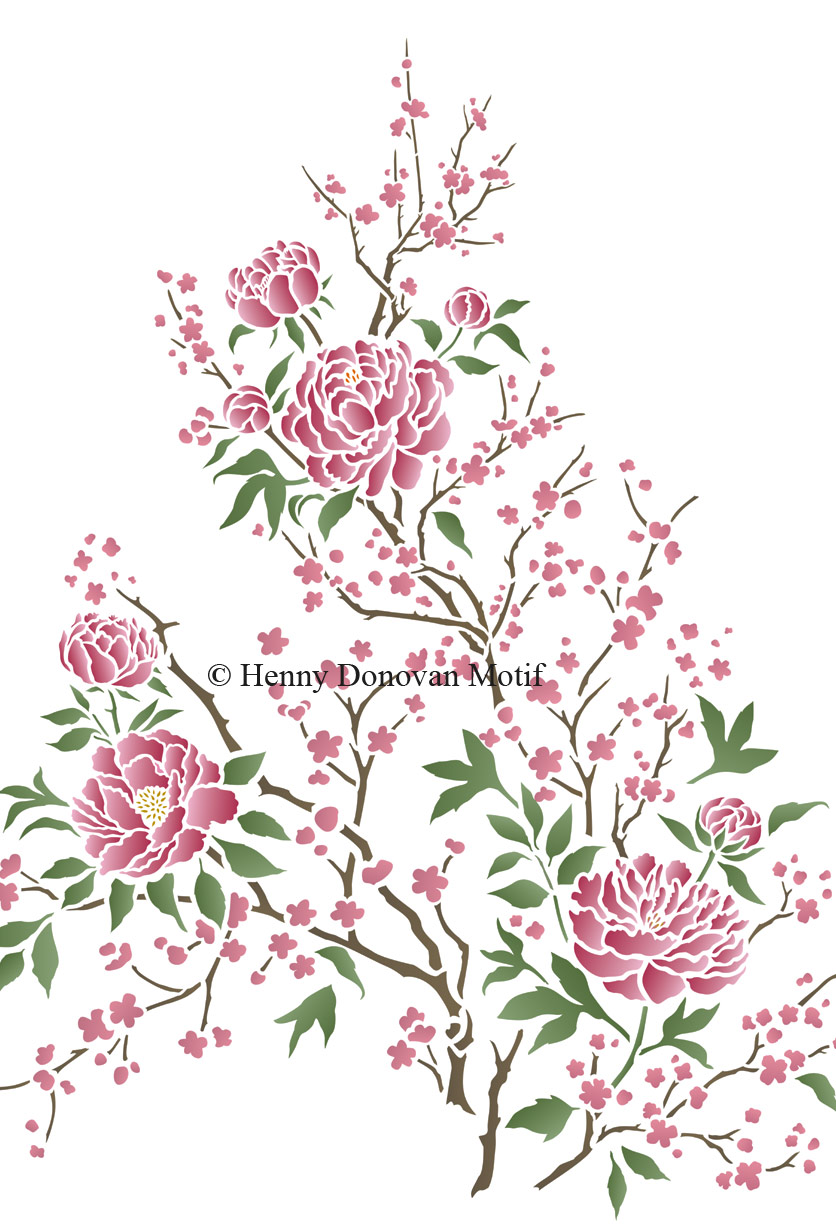 chinoiserie peonies and blossom stencil