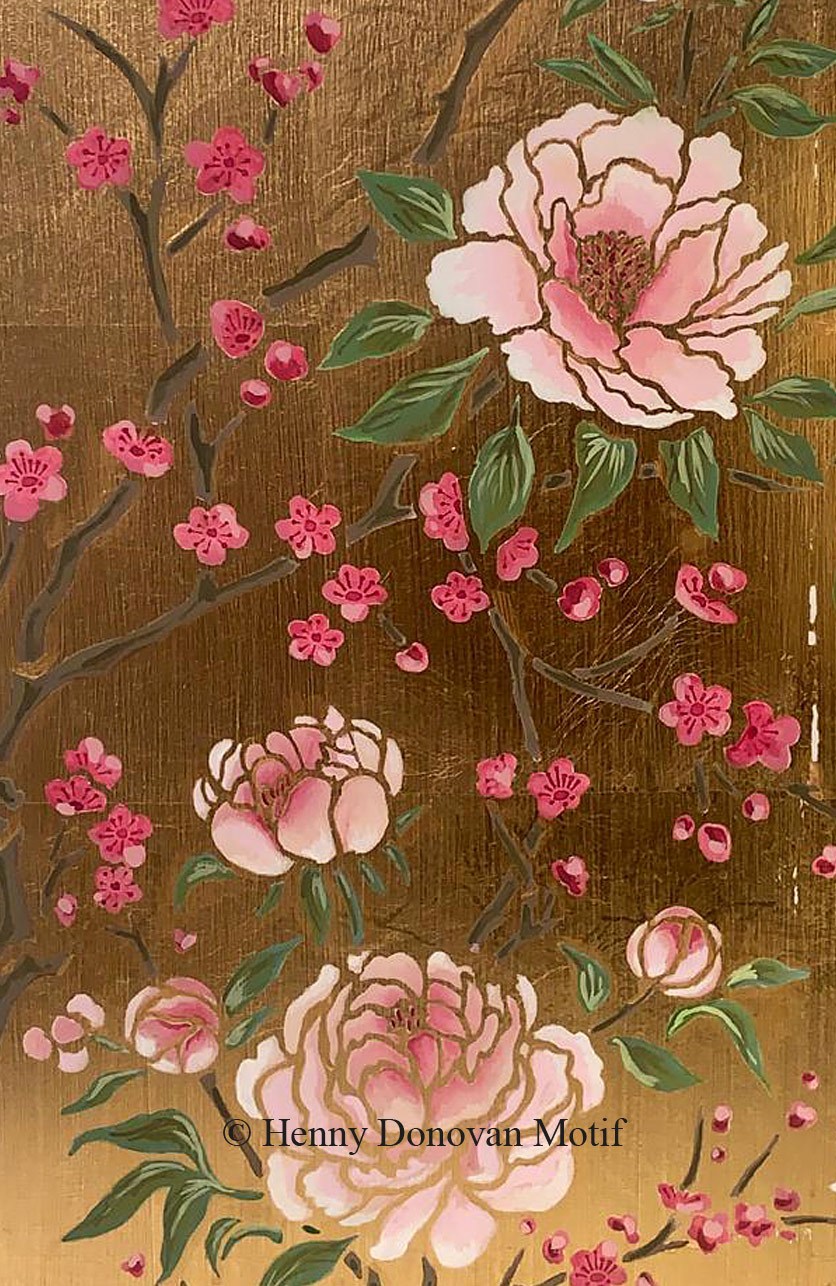 chinoiserie peonies and blossom gold panel